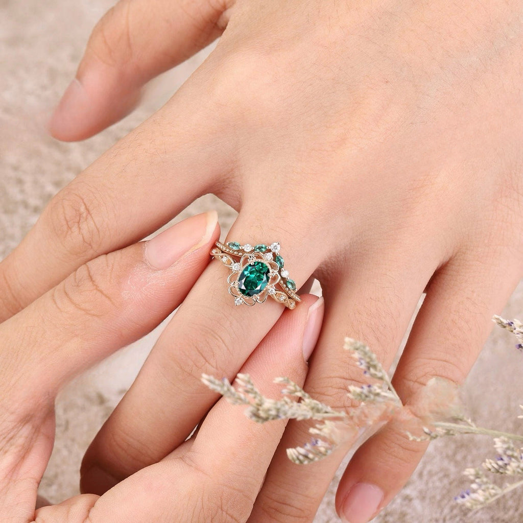 Aurelle Emerald Crown Ring Set | Rose Gold