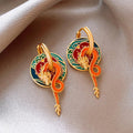 Classic Gold Colorful Dragon & Flame Design Earrings